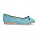 Soft Suede leather ballet flats with adjustable ribbon.