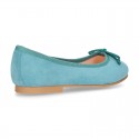 Soft Suede leather ballet flats with adjustable ribbon.