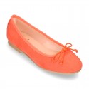 Soft Suede leather ballet flats with adjustable ribbon.