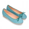 Soft Suede leather ballet flats with adjustable ribbon.