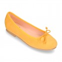 Soft Suede leather ballet flats with adjustable ribbon.