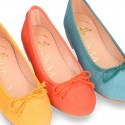 Soft Suede leather ballet flats with adjustable ribbon.