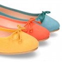 Soft Suede leather ballet flats with adjustable ribbon.