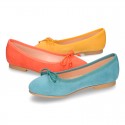 Soft Suede leather ballet flats with adjustable ribbon.