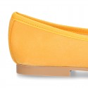 Soft Suede leather ballet flats with adjustable ribbon.