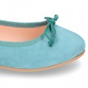 Soft Suede leather ballet flats with adjustable ribbon.