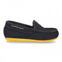 Nobuck leather Moccasin shoes for little kids with contrast driver type soles.