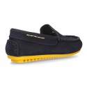 Nobuck leather Moccasin shoes for little kids with contrast driver type soles.