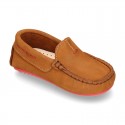 Nobuck leather Moccasin shoes for little kids with contrast driver type soles.