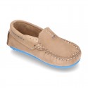 Nobuck leather Moccasin shoes for little kids with contrast driver type soles.