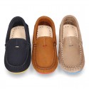 Nobuck leather Moccasin shoes for little kids with contrast driver type soles.