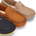 Nobuck leather Moccasin shoes for little kids with contrast driver type soles.