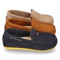 Nobuck leather Moccasin shoes for little kids with contrast driver type soles.