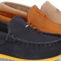 Nobuck leather Moccasin shoes for little kids with contrast driver type soles.