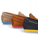 Nobuck leather Moccasin shoes for little kids with contrast driver type soles.