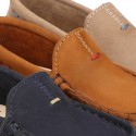 Nobuck leather Moccasin shoes for little kids with contrast driver type soles.