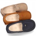 Nobuck leather Moccasin shoes for little kids with contrast driver type soles.