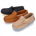 Nobuck leather Moccasin shoes for little kids with contrast driver type soles.