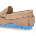 Nobuck leather Moccasin shoes for little kids with contrast driver type soles.