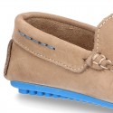 Nobuck leather Moccasin shoes for little kids with contrast driver type soles.