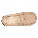 Nobuck leather Moccasin shoes for little kids with contrast driver type soles.