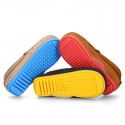 Nobuck leather Moccasin shoes for little kids with contrast driver type soles.