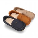 Nobuck leather Moccasin shoes for little kids with contrast driver type soles.