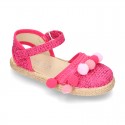 Little girl cotton canvas espadrilles with hook and loop strap and POMPOMS design.