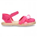 Little girl cotton canvas espadrilles with hook and loop strap and POMPOMS design.