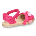 Little girl cotton canvas espadrilles with hook and loop strap and POMPOMS design.