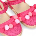 Little girl cotton canvas espadrilles with hook and loop strap and POMPOMS design.