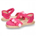 Little girl cotton canvas espadrilles with hook and loop strap and POMPOMS design.