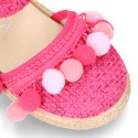 Little girl cotton canvas espadrilles with hook and loop strap and POMPOMS design.