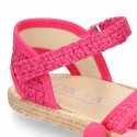 Little girl cotton canvas espadrilles with hook and loop strap and POMPOMS design.