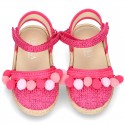 Little girl cotton canvas espadrilles with hook and loop strap and POMPOMS design.