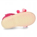 Little girl cotton canvas espadrilles with hook and loop strap and POMPOMS design.