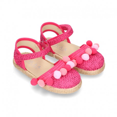 Little girl cotton canvas espadrilles with hook and loop strap and POMPOMS design.