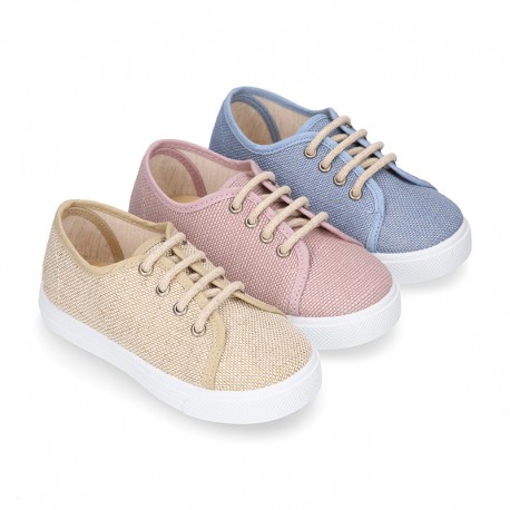 LINEN canvas tennis shoes to dress for kids with shoelaces closure.