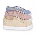 LINEN canvas tennis shoes to dress for kids with shoelaces closure.