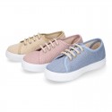 LINEN canvas tennis shoes to dress for kids with shoelaces closure.