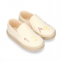 Cotton canvas kids SLIP ON Espadrille shoes with numbers and letters design and with elastic bands.