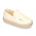 Cotton canvas kids SLIP ON Espadrille shoes with numbers and letters design and with elastic bands.