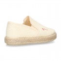 Cotton canvas kids SLIP ON Espadrille shoes with numbers and letters design and with elastic bands.