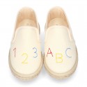 Cotton canvas kids SLIP ON Espadrille shoes with numbers and letters design and with elastic bands.