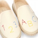 Cotton canvas kids SLIP ON Espadrille shoes with numbers and letters design and with elastic bands.