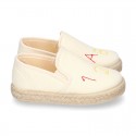 Cotton canvas kids SLIP ON Espadrille shoes with numbers and letters design and with elastic bands.