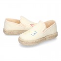 Cotton canvas kids SLIP ON Espadrille shoes with numbers and letters design and with elastic bands.