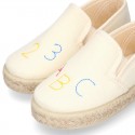 Cotton canvas kids SLIP ON Espadrille shoes with numbers and letters design and with elastic bands.