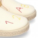 Cotton canvas kids SLIP ON Espadrille shoes with numbers and letters design and with elastic bands.