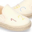 Cotton canvas kids SLIP ON Espadrille shoes with numbers and letters design and with elastic bands.